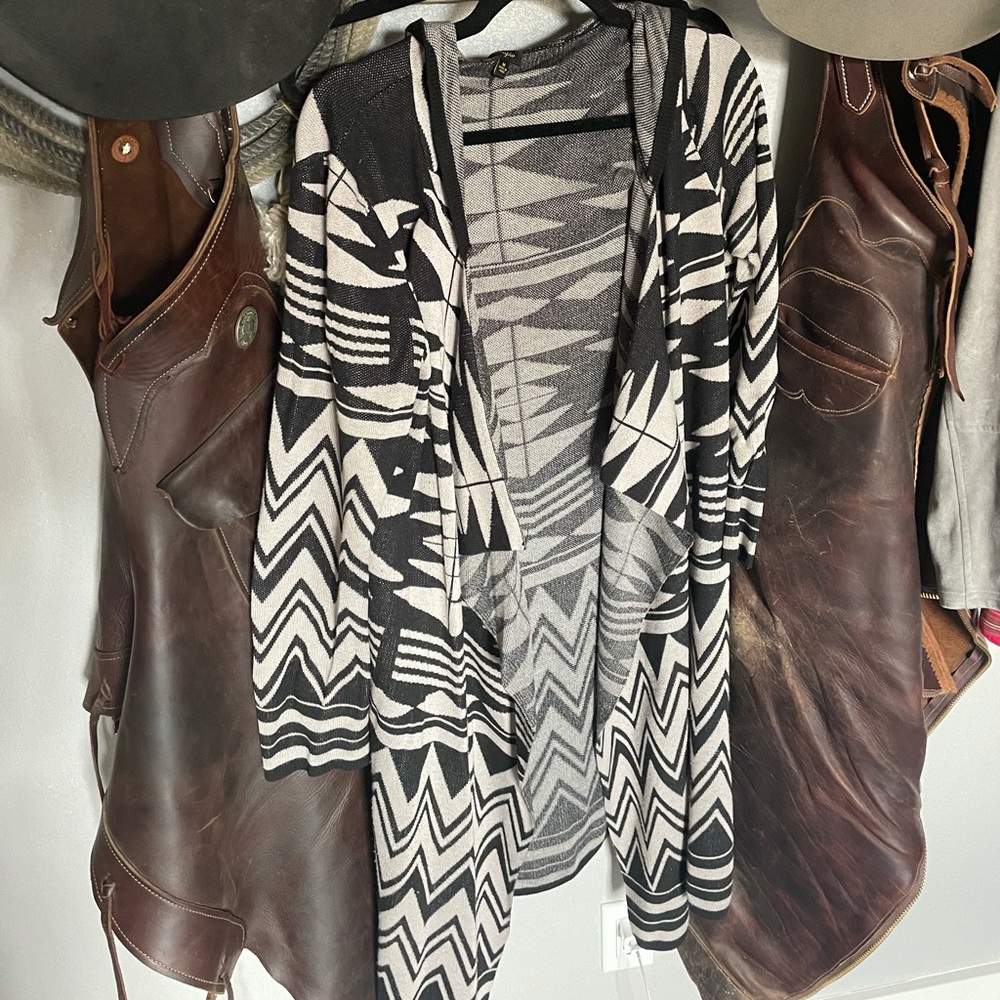 Aztec long duster cardigan with hood - size medium